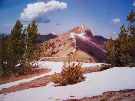 View N to West Germania Peak el 10488'. A small empty cairn was found on top. Empty cairn refers to the fact that no register was in place. To the left of West Germania is sunlit Washington Peak.. Photo by Rick Baugher