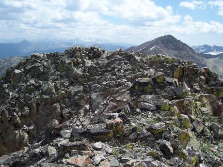 View of the Rearview summit area and south to Griswold Peak. On left, Central Idaho Nipple aka Mystery Peak. Center distance, high Pioneers. Photo by Rick Baugher.