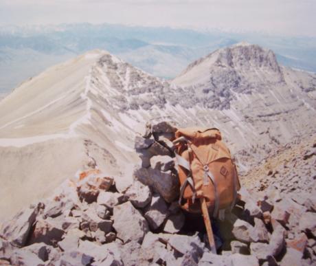 Summit cairn placed 6/11/88. View W to Joker el 10965' (L) and Nicholson el 11051' (R). A west side approach via Bunting Canyon was used., photo by Rick Baugher