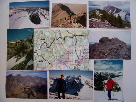 Great Lost Divide, photos by Rick Baugher Clockwise from bottom center. Black line on locater map shows the Great Lost Divide. All photos by Rick Baugher. The author on Fishpole Peak 10480', view to Pion and Eer, 2000. Trails End Peak 10660' Boulder Mtns view to Perkins, Kent, Ryan, 2003. Bad Rock Peak 11953' Crux on the easy side of this LRR bad boy, 1993. West Slide Story 10260~ Boulder Mtns view east to LRR, 2005. Lopez party ascending Mt Breitenbach, a major triple divide on the GLD, 1991. Bear Mountain 10744' Lemhi Range, 1997. Tuscany Peak 10776' Beaverhead Mtns, on the GLD & CD, Mont & Ida, 2001. Divide Creek Peak 9768' Chuck Ferguson & Eighteenmile Peak, 1996. The author has visited 97 summits on Idaho's Great Lost Divide over a 27 year period. Rick Baugher Jan 29,2008