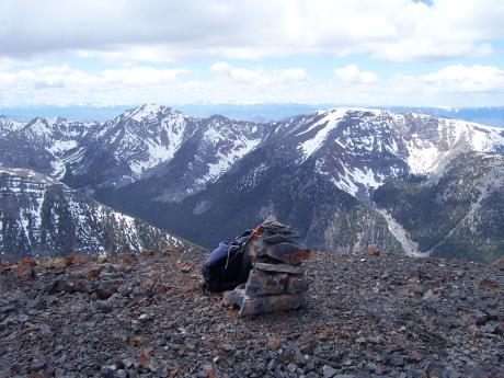 From the summit of 10850' Sheep Pen Peak the view is SW across the canyon of Grouse Creek to the main crest Pahsimeroi/LRR 5/29/07 by Rick Baugher