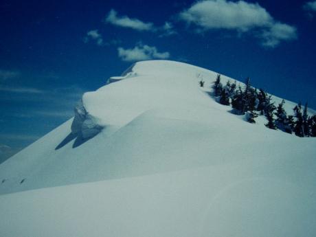 View S to the Baldy summit on 4/27/98. This is the easiest part of the descent. From here things go downhill fast., photo by Rick Baugher.