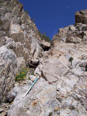 Crux of the Six Lakes Peak's SE face couloir. Photo by Rick Baugher.